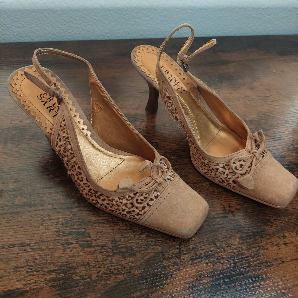 Brown Leopard Heels - Size 7.5 - Franco Sarto - Square Toe Adjustable Ankle